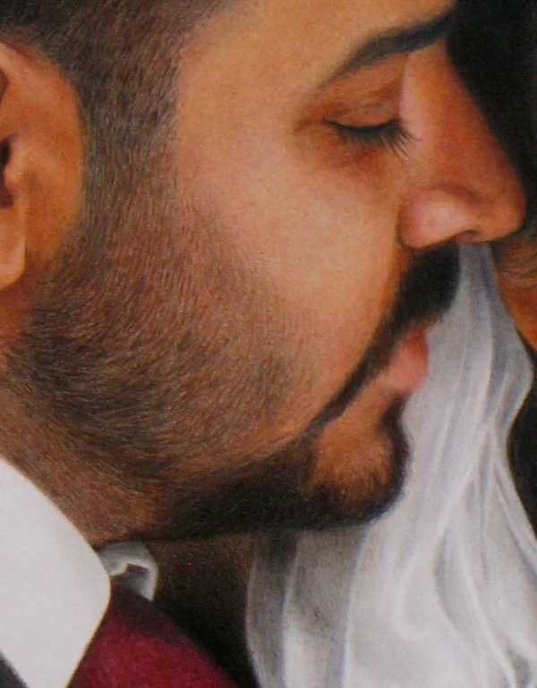order-colored-pencil-technique-p4a نمای نزدیک سوم سفارش نقاشی تکنیک مدادرنگی دو چهره عروس و داماد